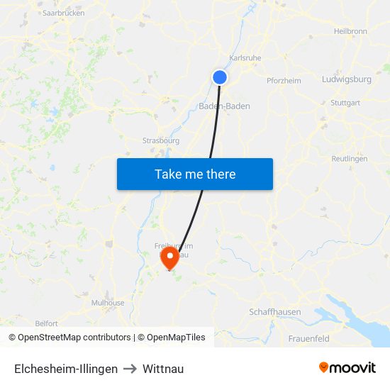 Elchesheim-Illingen to Wittnau map