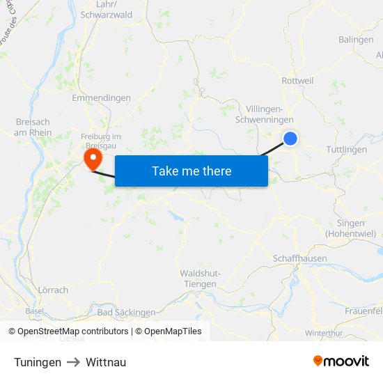 Tuningen to Wittnau map