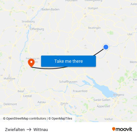 Zwiefalten to Wittnau map