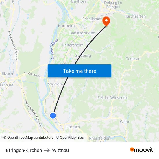 Efringen-Kirchen to Wittnau map