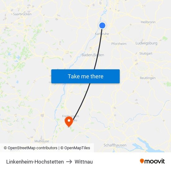 Linkenheim-Hochstetten to Wittnau map