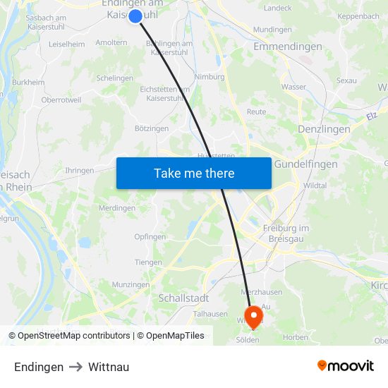 Endingen to Wittnau map