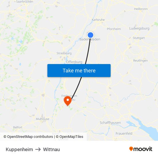 Kuppenheim to Wittnau map