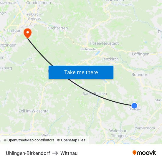 Ühlingen-Birkendorf to Wittnau map