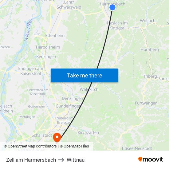 Zell am Harmersbach to Wittnau map