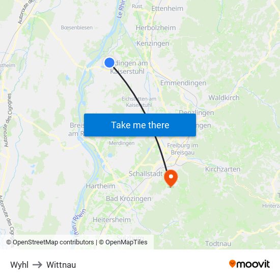 Wyhl to Wittnau map