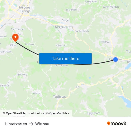 Hinterzarten to Wittnau map