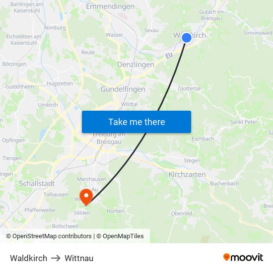 Waldkirch to Wittnau map
