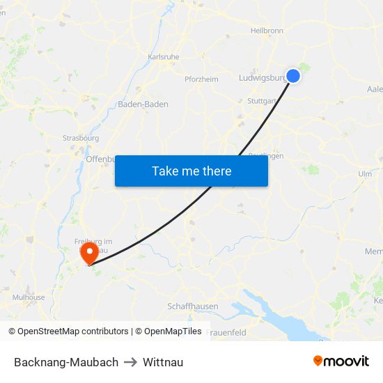 Backnang-Maubach to Wittnau map