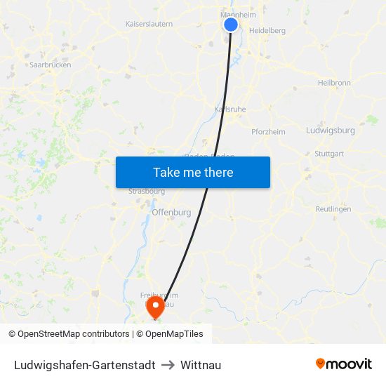 Ludwigshafen-Gartenstadt to Wittnau map