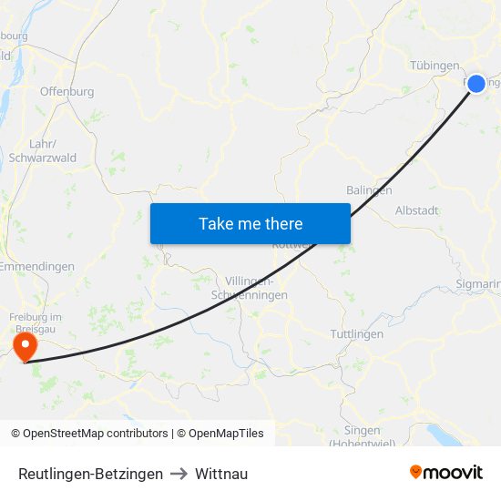 Reutlingen-Betzingen to Wittnau map