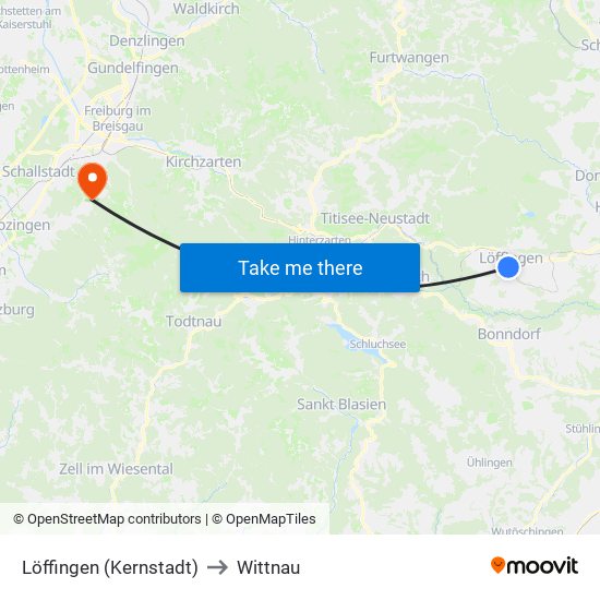 Löffingen (Kernstadt) to Wittnau map