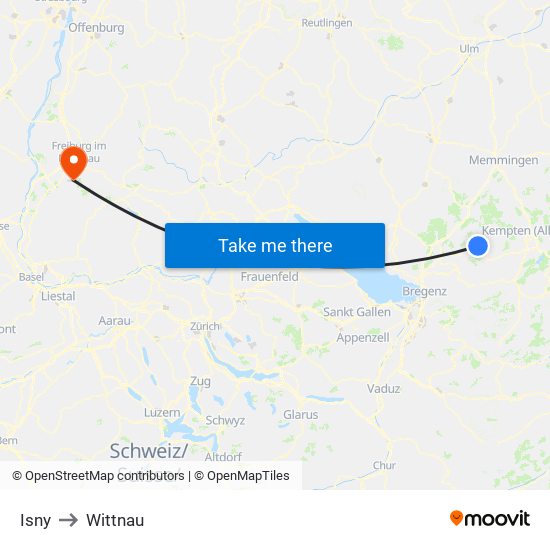 Isny to Wittnau map