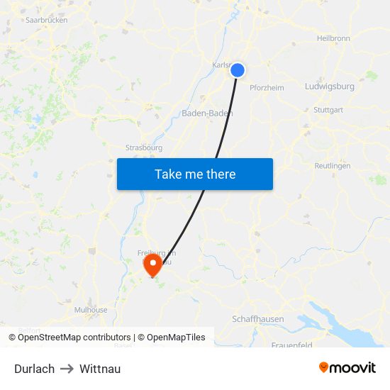 Durlach to Wittnau map