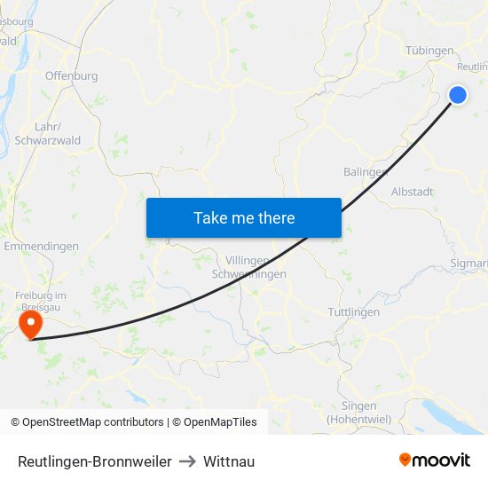 Reutlingen-Bronnweiler to Wittnau map