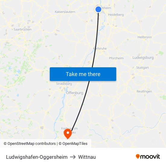 Ludwigshafen-Oggersheim to Wittnau map