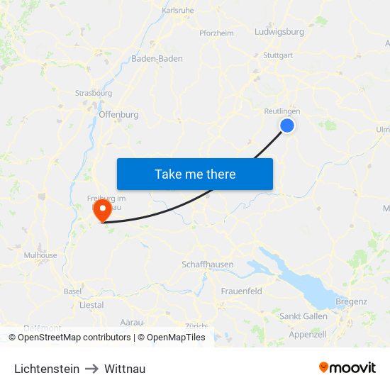 Lichtenstein to Wittnau map