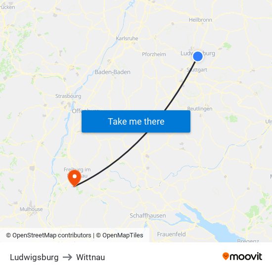 Ludwigsburg to Wittnau map