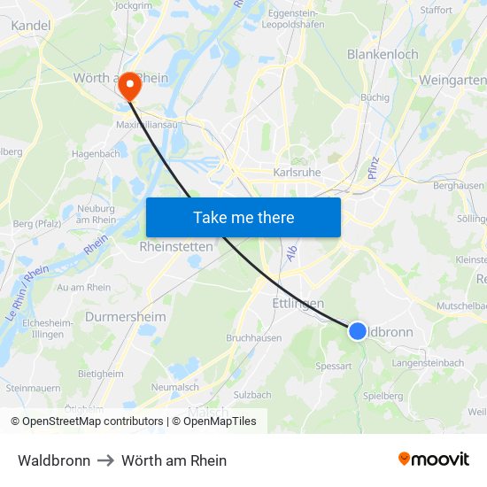 Waldbronn to Wörth am Rhein map