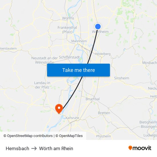 Hemsbach to Wörth am Rhein map