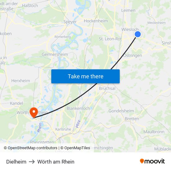 Dielheim to Wörth am Rhein map