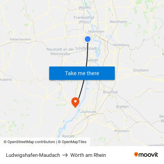 Ludwigshafen-Maudach to Wörth am Rhein map