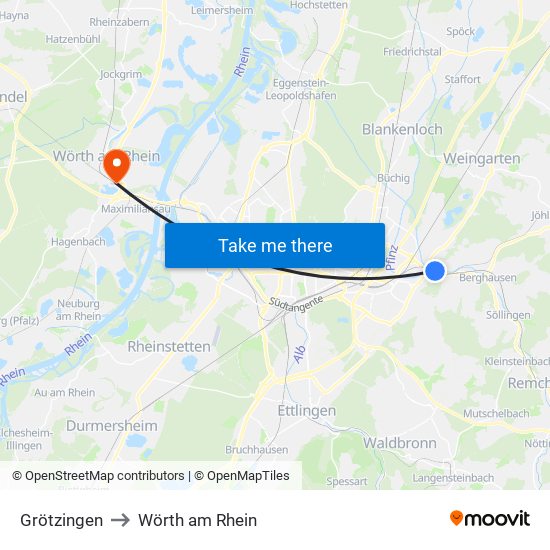 Grötzingen to Wörth am Rhein map