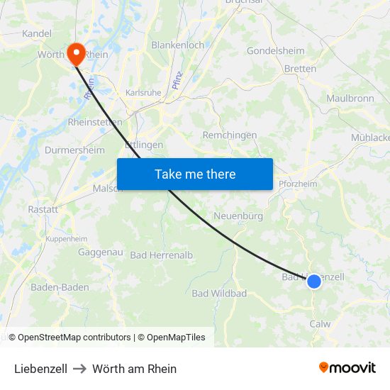 Liebenzell to Wörth am Rhein map