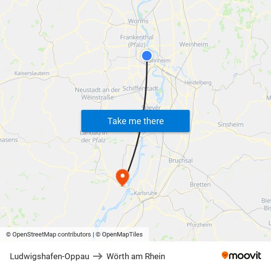 Ludwigshafen-Oppau to Wörth am Rhein map