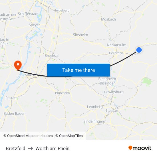 Bretzfeld to Wörth am Rhein map