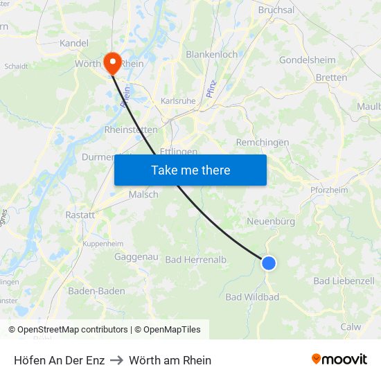 Höfen An Der Enz to Wörth am Rhein map