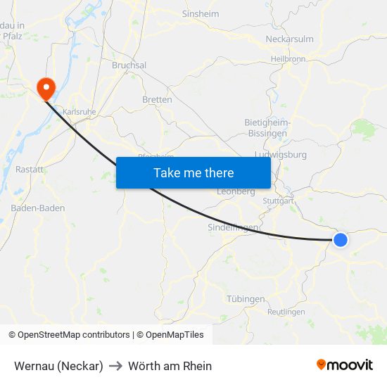 Wernau (Neckar) to Wörth am Rhein map