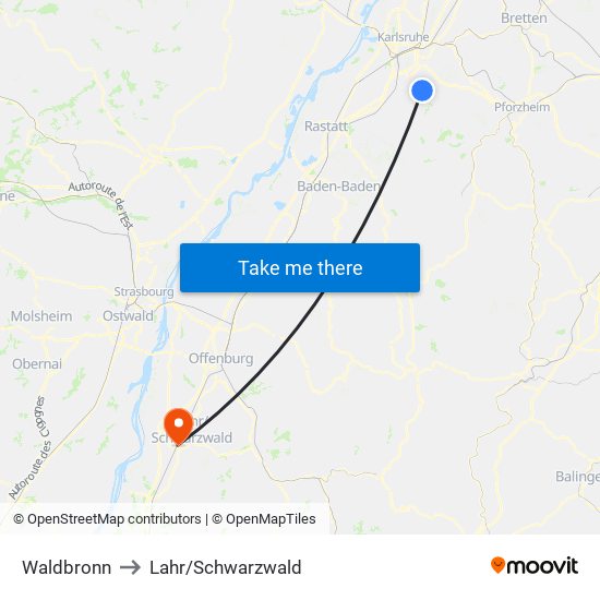 Waldbronn to Lahr/Schwarzwald map