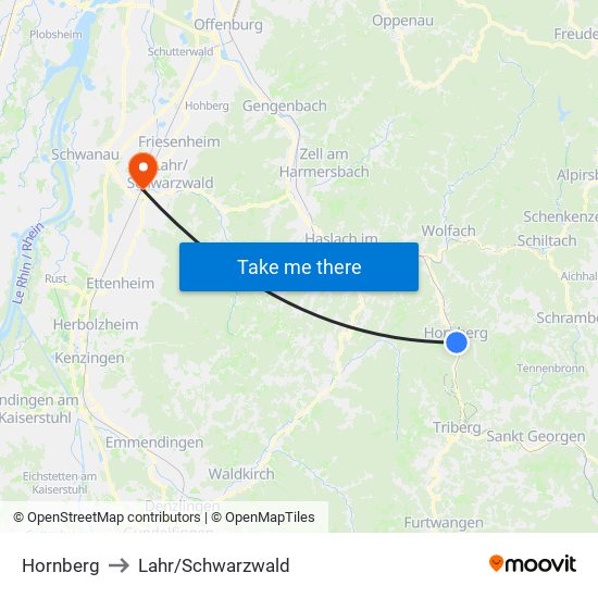 Hornberg to Lahr/Schwarzwald map