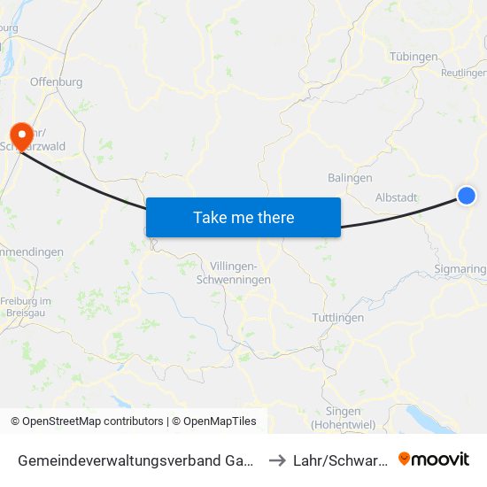 Gemeindeverwaltungsverband Gammertingen to Lahr/Schwarzwald map