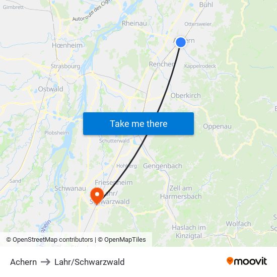 Achern to Lahr/Schwarzwald map