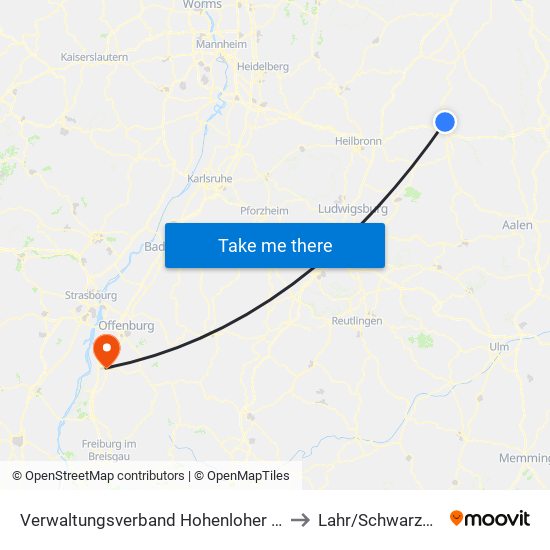 Verwaltungsverband Hohenloher Ebene to Lahr/Schwarzwald map