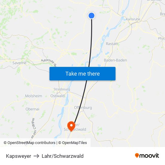 Kapsweyer to Lahr/Schwarzwald map