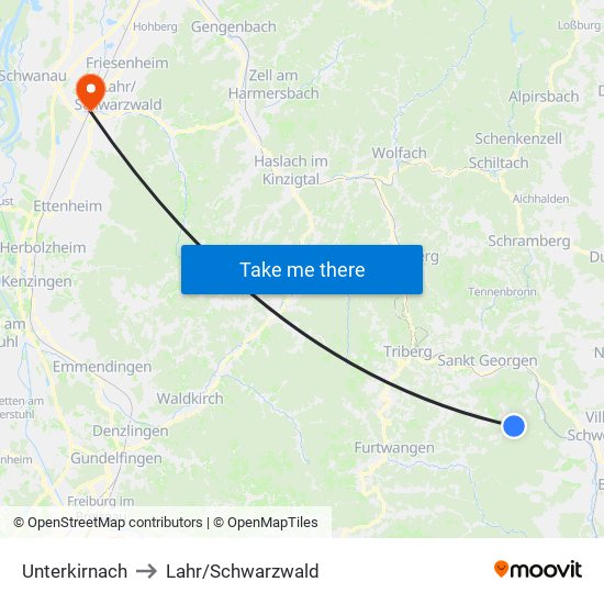 Unterkirnach to Lahr/Schwarzwald map