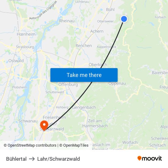 Bühlertal to Lahr/Schwarzwald map