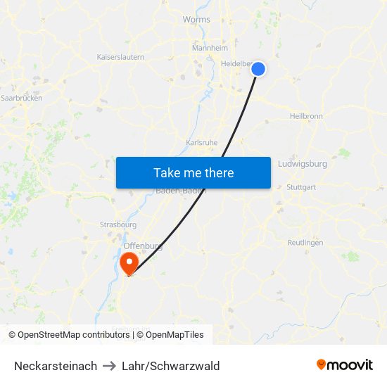 Neckarsteinach to Lahr/Schwarzwald map