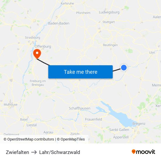 Zwiefalten to Lahr/Schwarzwald map