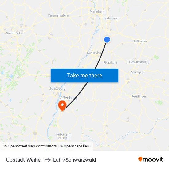 Ubstadt-Weiher to Lahr/Schwarzwald map