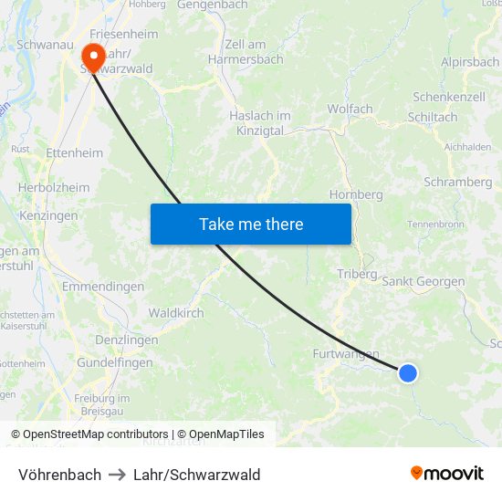 Vöhrenbach to Lahr/Schwarzwald map