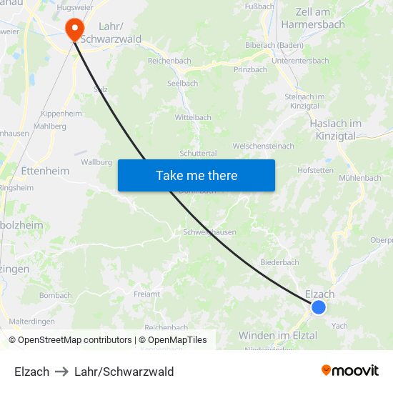 Elzach to Lahr/Schwarzwald map