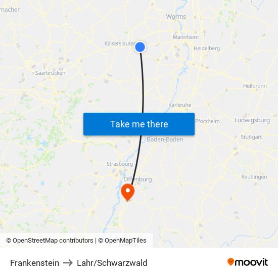 Frankenstein to Lahr/Schwarzwald map