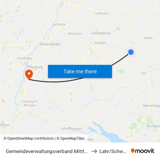 Gemeindeverwaltungsverband Mittleres Fils-Lautertal to Lahr/Schwarzwald map