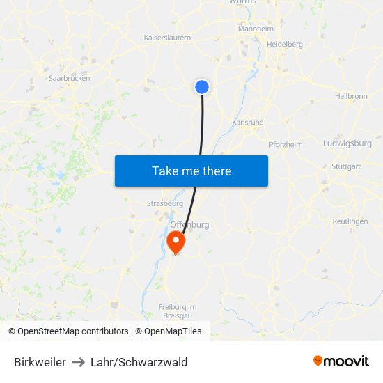 Birkweiler to Lahr/Schwarzwald map