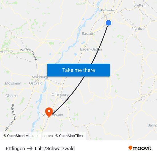 Ettlingen to Lahr/Schwarzwald map