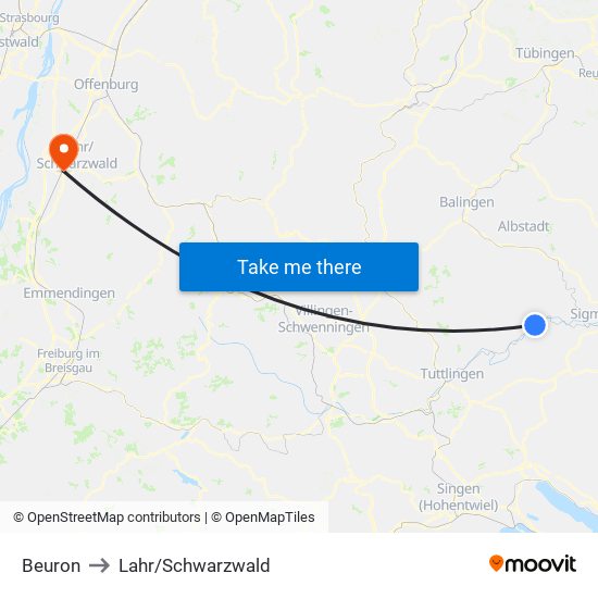 Beuron to Lahr/Schwarzwald map